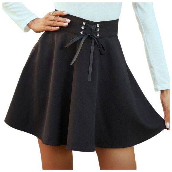Midnight Hour Dresses & Skirts - Midnight Hour Black Lace-Up Skater Skirt Size L | Gothic A-Line Mini Skirt